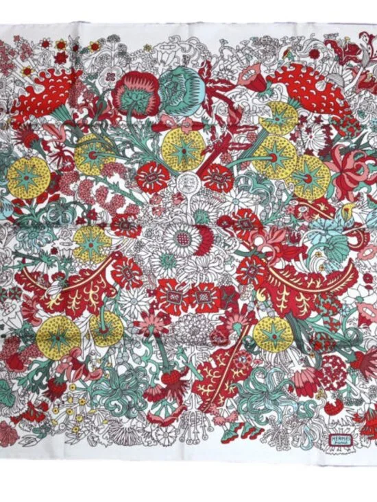 HERMES Carre 90 Scarf CACHE CACHE Fleuri Silk w/Tag White Flower by Pierre Marie - Picture 5 of 7